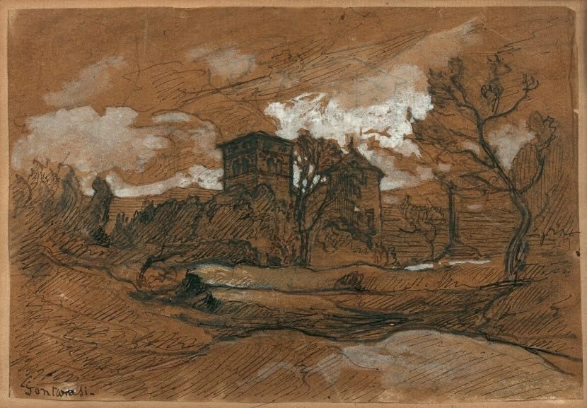 Paesaggio con torre fortificata